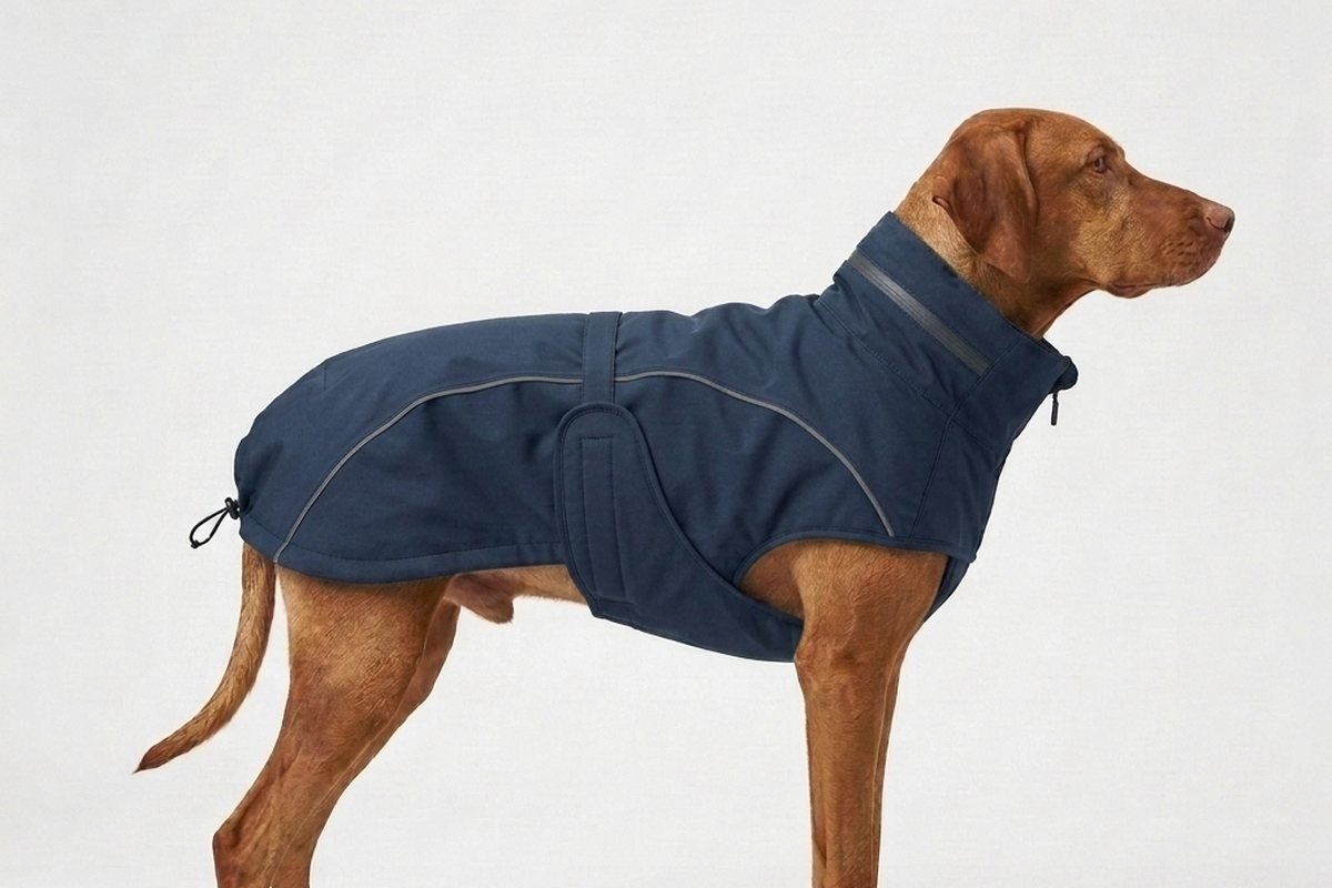 Navy technical dog jacket worn by a dog, side view - Dog Jacket Sizing by Breed Group: Engineering Guide (2026)