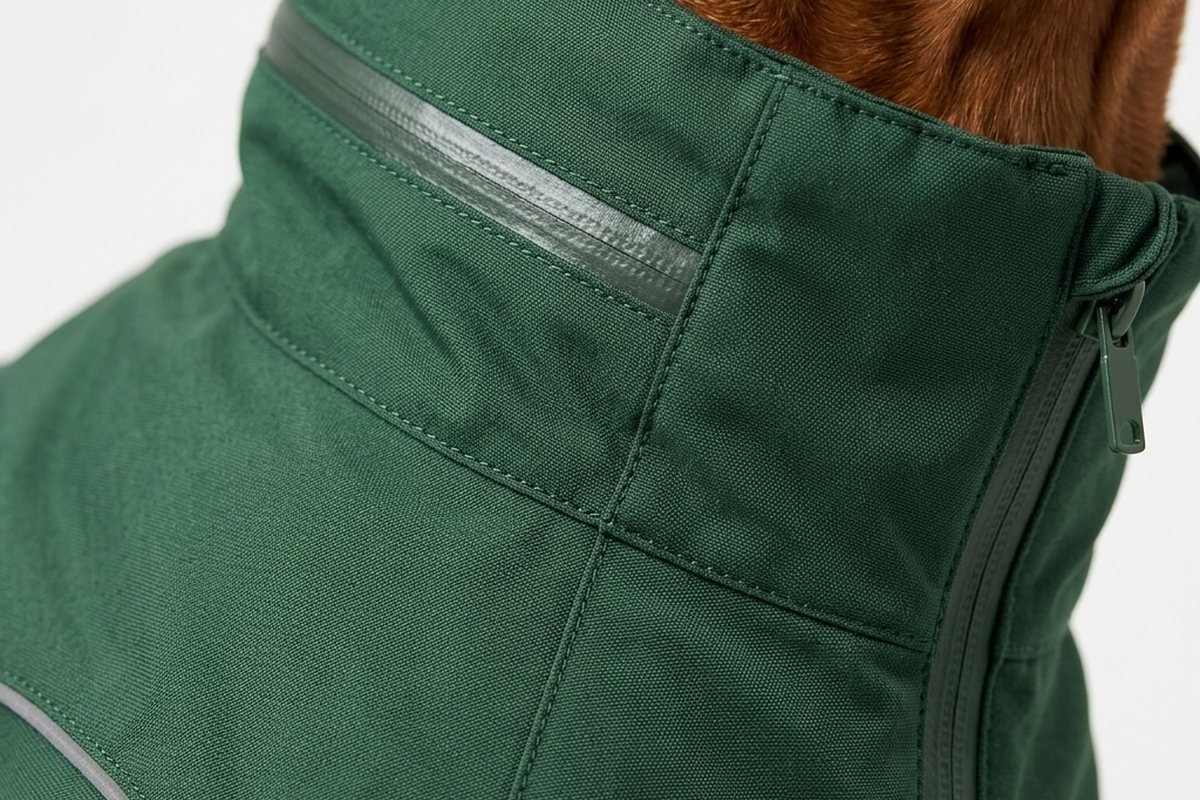 Collar and reflective trim on a green dog jacket - Dog Jacket Sizing Guide for Brands: How to Build a Manufacturable Size Run