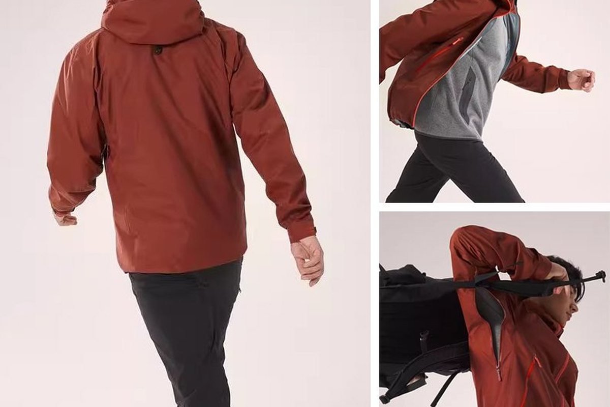 Model wearing a rust-coloured hardshell, three views - Hardshell Jacket Buyer's Guide: Specs, Construction & Sourcing (2026)
