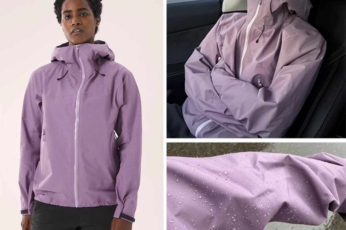 Model wearing a lilac hardshell with fabric close-ups - Hiking Rain Jacket Buyer's Guide: How to Spec the Right One (10K vs 2