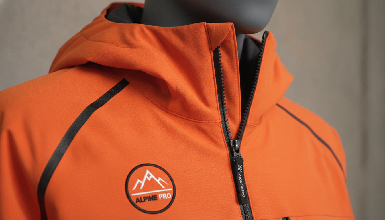 Closeup of ODM ski jacket waterproof zipper and seam taping detail