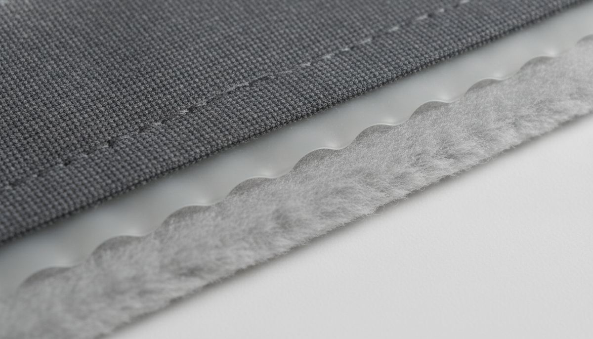 Close-up cross-section of bonded softshell fabric showing three-layer laminate construction