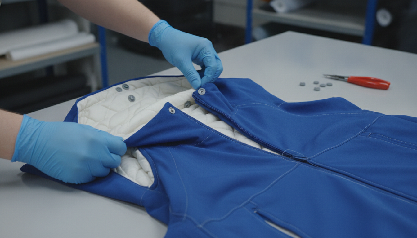 Disassembly test of circular design outdoor jacket with removable liner and mechanical fasteners