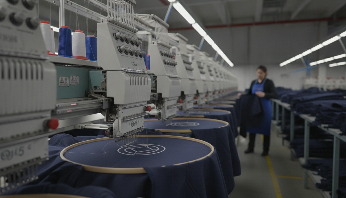 Commercial embroidery machine stitching logo on softshell jacket panel factory floor