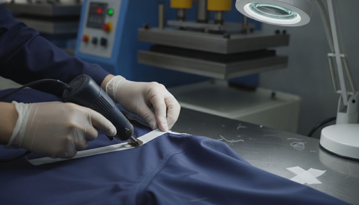 Seam tape application quality control lightweight packable rain jacket manufacturing