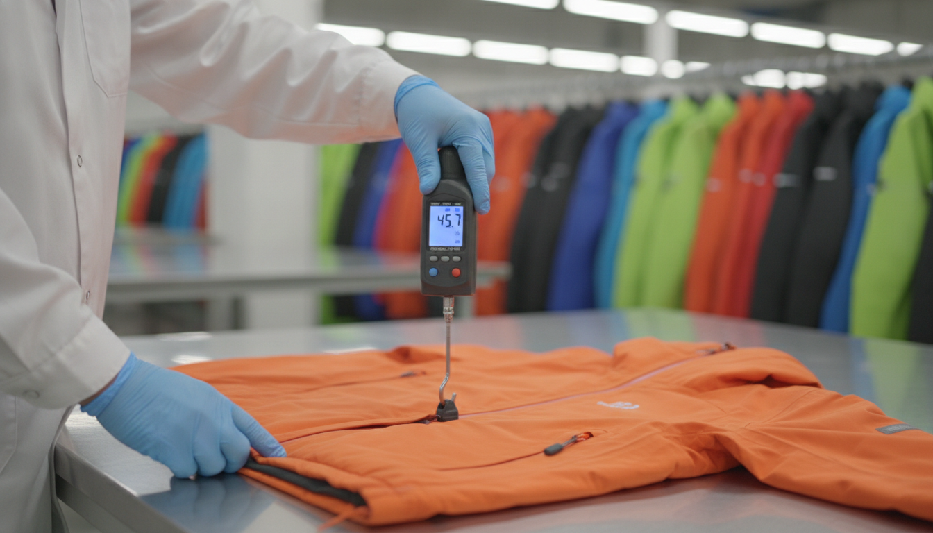 Factory quality control testing zipper pull force on ski jacket with digital gauge