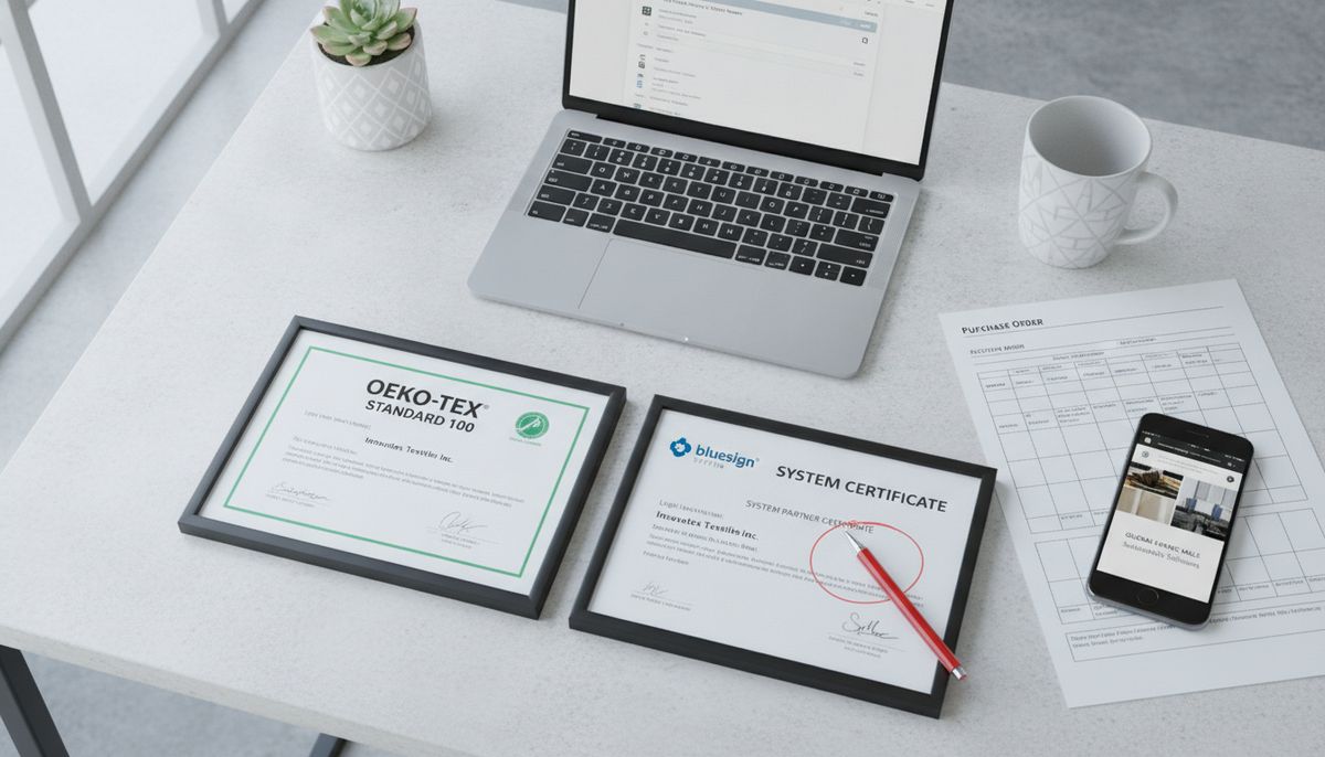 Desk workspace showing OEKO-TEX and bluesign certificates with database verification for outdoor apparel factory
