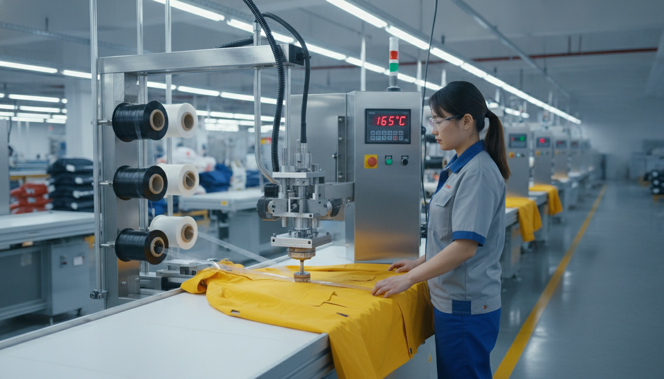 Seam tape welding machine applying waterproof tape to rain jacket